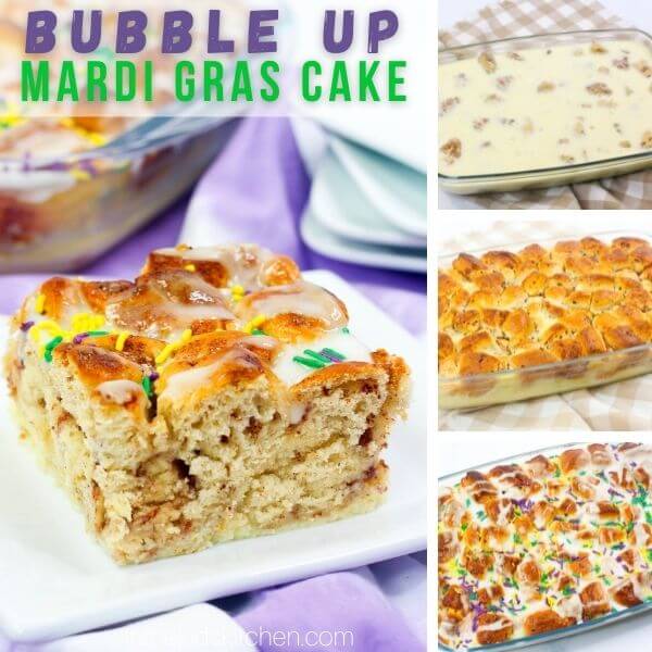 4 photo collage showing how to make a bubble up King Cake