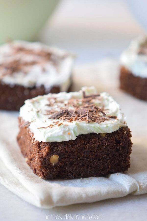 chocolate brownies with light green mint frosting