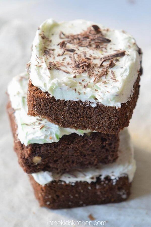 stack of 3 chocolate mint frosted brownies