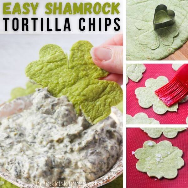 4 photo step by step collage showing how to make shamrock shaped chips