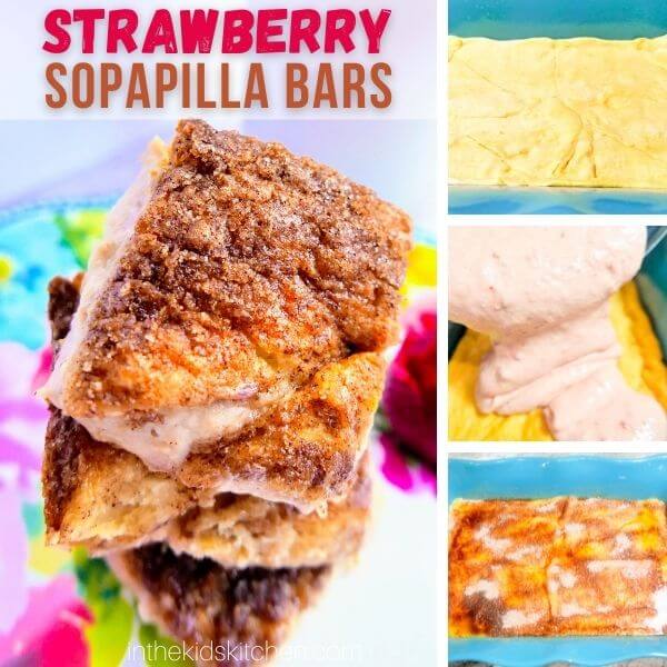 4 photo collage showing how to make strawberry cheesecake sopapilla bars