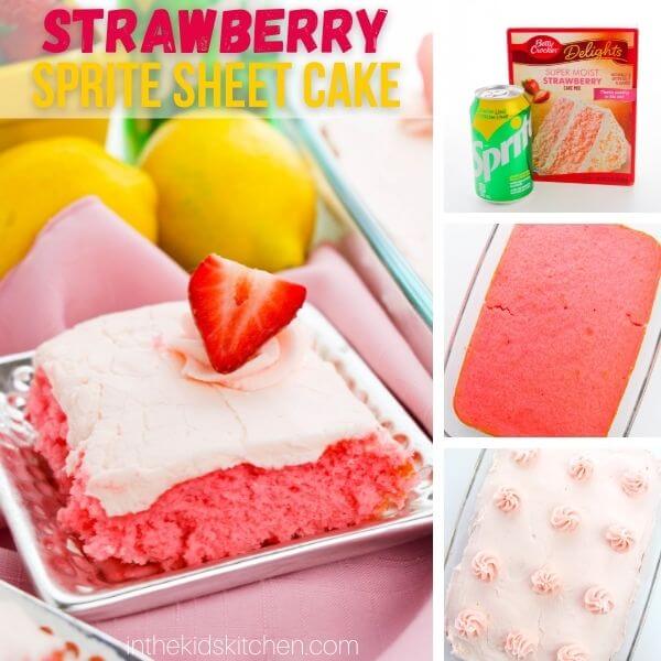 4 photo square collage showing how to make a cake with strawberry box mix and Sprite