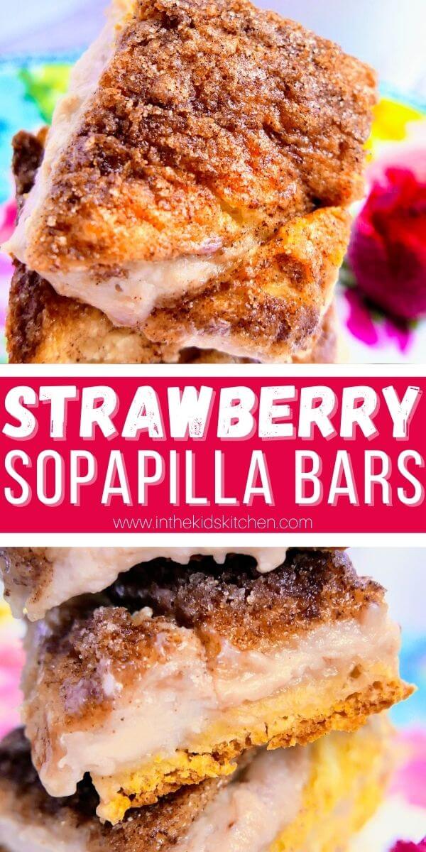 2 photo collage of strawberry sopapilla cheesecake bars
