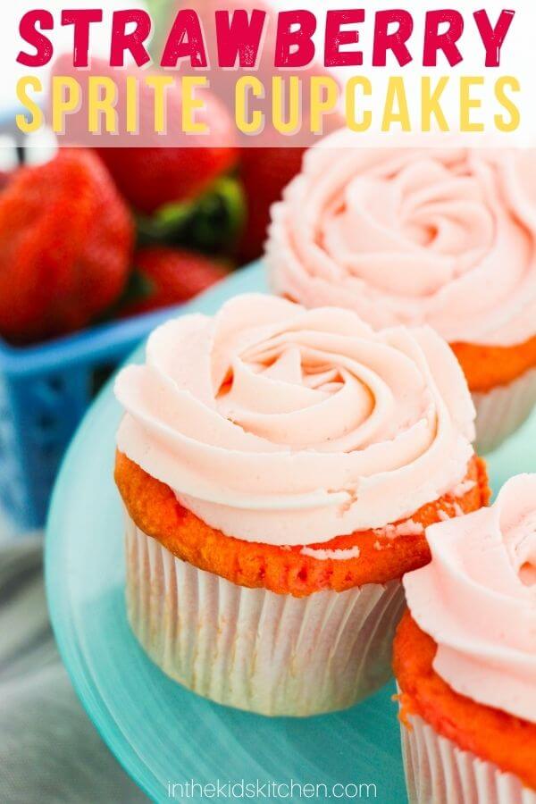 plate of pink cupcakes; text overlay "Strawberry Sprite Cupcakes"