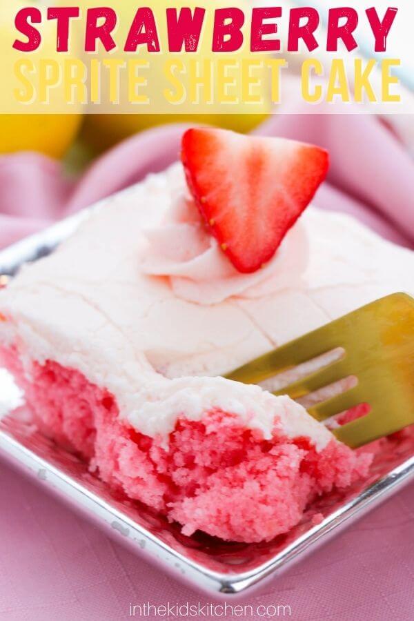 strawberry sheet cake with strawberries on top; text overlay "Strawberry Sprite Sheet Cake"