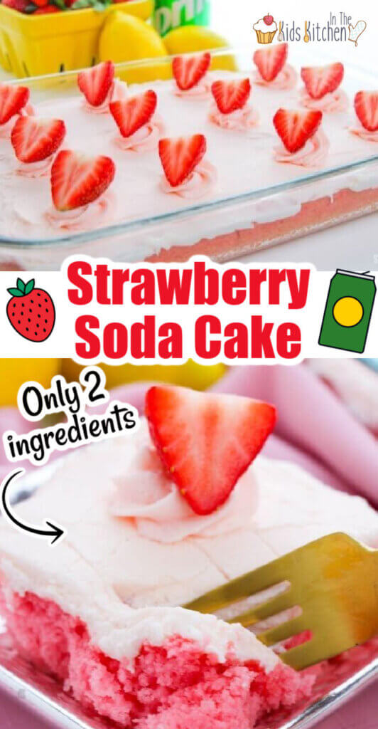 2 photo vertical collage showing a strawberry sheet cake and a slice; text overlay "Strawberry Sheet Cake"