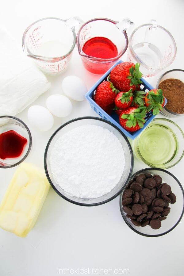 ingredients to make chocolate covered strawberry cupcakes