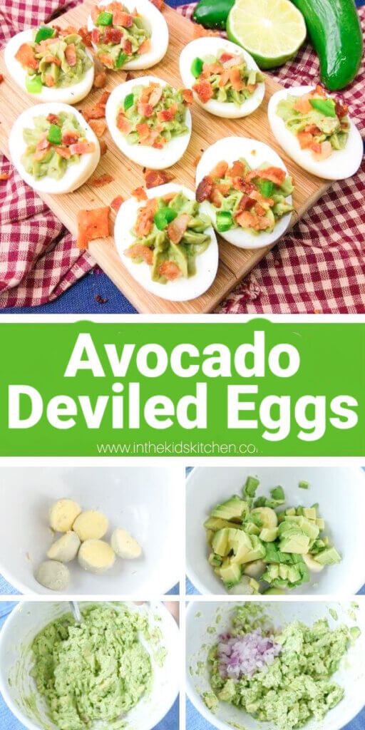 4 photo collage showing how to make avocado deviled eggs