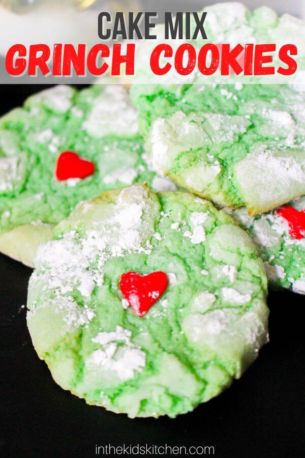 green crinkle cookies with text overlay "Cake Mix Grinch Cookies".