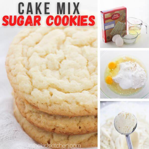 photo collage showing how to make sugar cookies with a box of cake mix