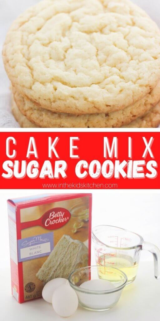 vertical Pinterest image with 2 photos: sugar cookies, and box of cake mix