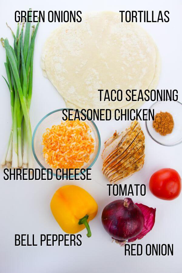 chicken quesadilla ingredients with text labels: taco seasoning, seasoned chicken, shredded cheese, tomato, bell peppers, red onion, green onions, tortillas