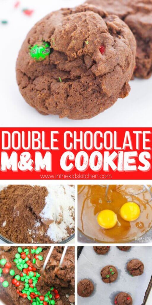 vertical Pinterest collage for Double Chocolate M&M cookies.
