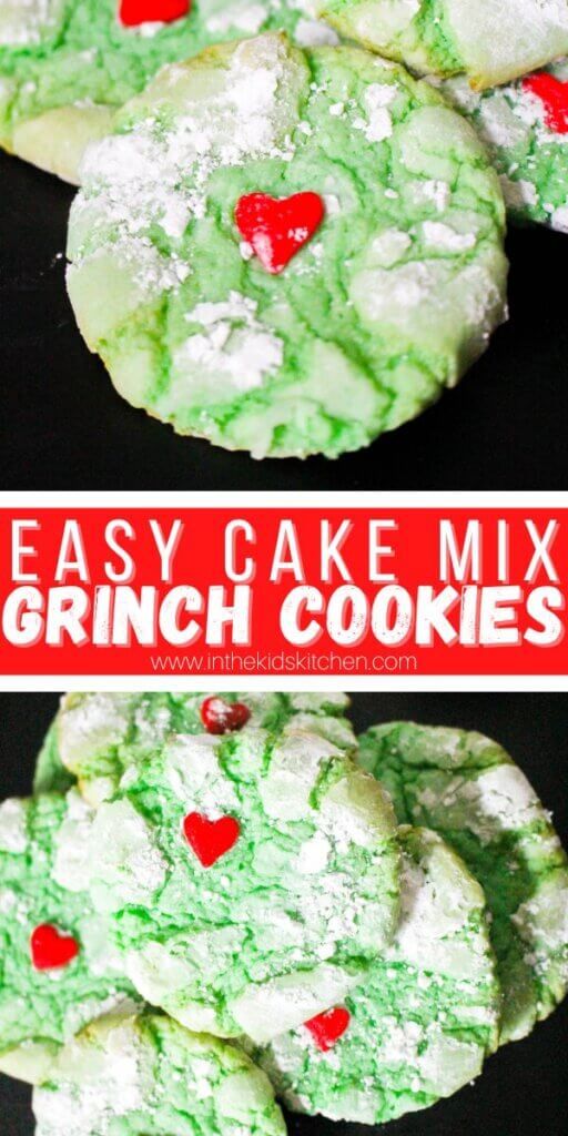 2 photo collage for easy cake mix Grinch cookies.