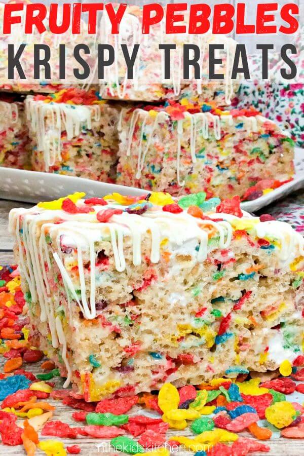 rice krispie treats made with Fruity Pebbles cereal, text overlay "Fruity Pebbles Krispy Treats".