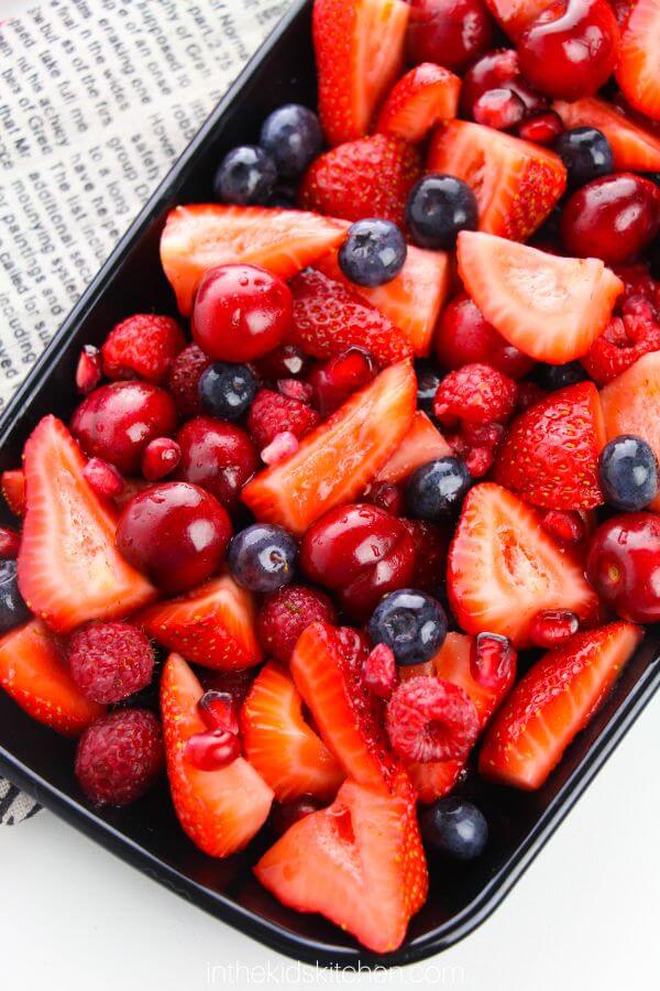 close up fo a strawberry fruit salad.
