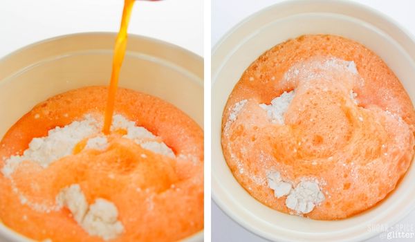 2 photo collage showing mixing orange soda with cake mix