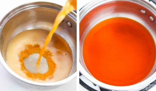 2 photo collage showing pouring orange soda into a saucepan