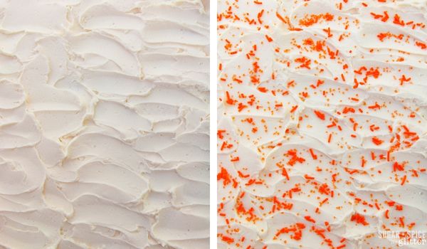 2 photo collage showing how to spread white icing and top with orange sprinkles