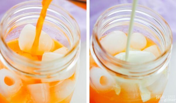 2 step photo collage pouring orange soda and coffee creamer in mason jar.
