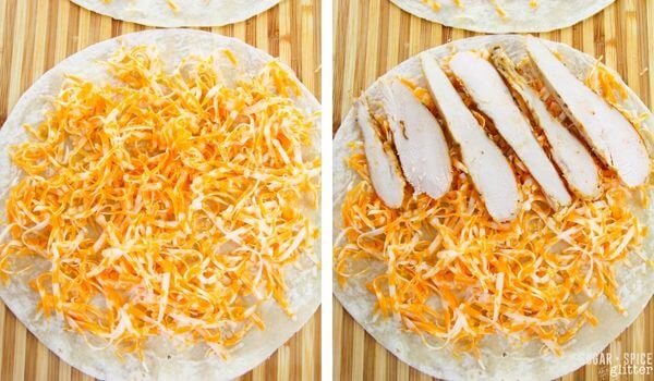 2 step photo collage showing placing shredded cheese and chicken strips on a large tortilla