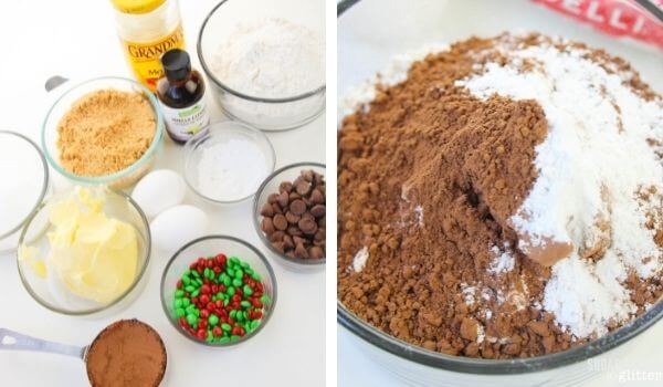 2 photo collage of M&M cookies ingredients and dry ingredients in a large bowl.
