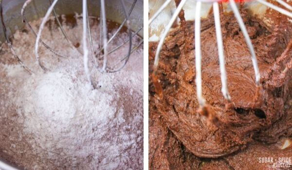 2 photo collage showing mixer with chocolate cookie dough.