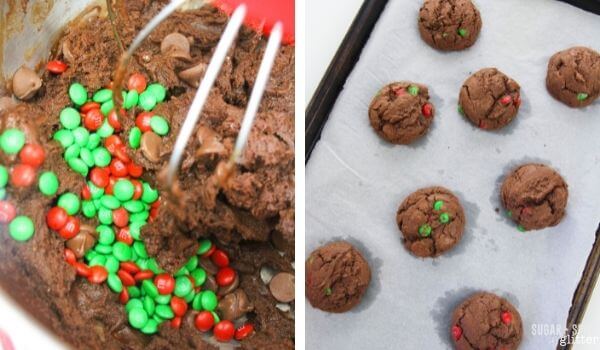 2 photo collage showing mixing Christmas M&Ms into chocolate cookie dough and cookies on baking sheet.