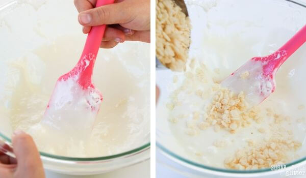 stirring rice krispie cereal into melted marshmallows