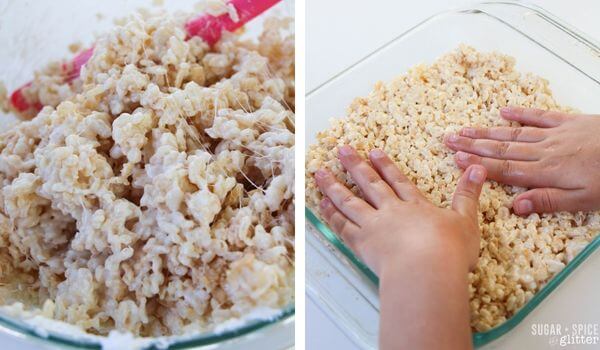 forming rice krispie treats in a baking dish