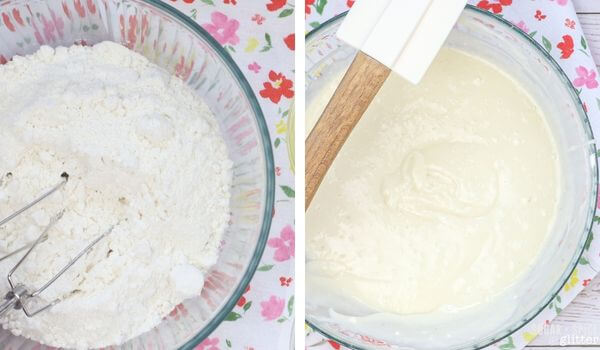 mixing white cupcake batter, 2 photo collage