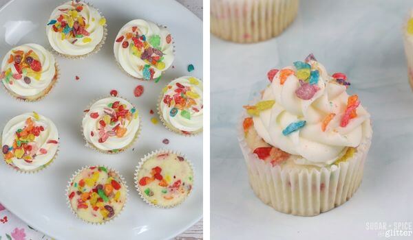 2 photo collage of Fruity Pebbles cupcakes