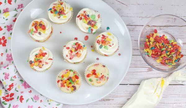 plate of Fruity Pebbles cupcakes