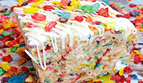 a rice krispy treat made with fruity pebbles.