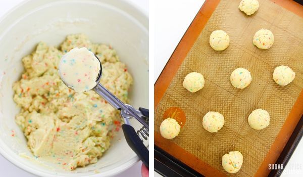 scooping funfetti cookie dough balls.