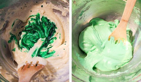 2 photo collage showing mixing green food coloring into batter.