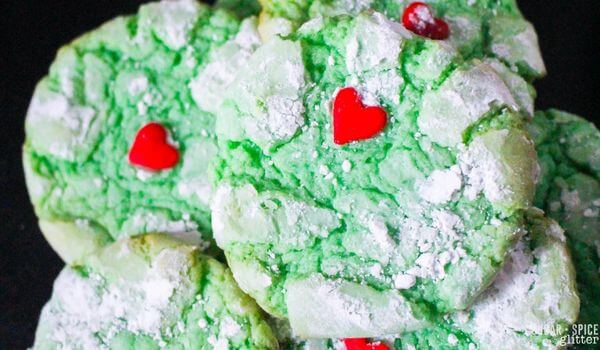 green crinkle cookies with red heart candy.
