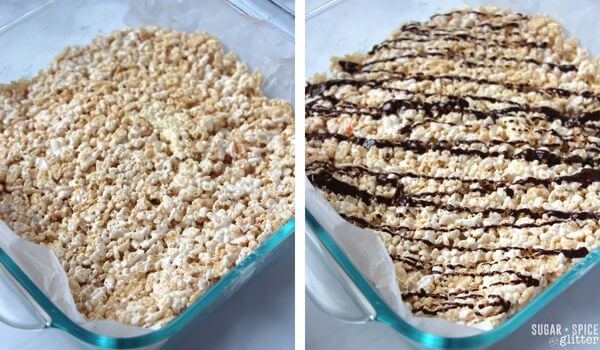 topping rice krispie treats with chocolate drizzle