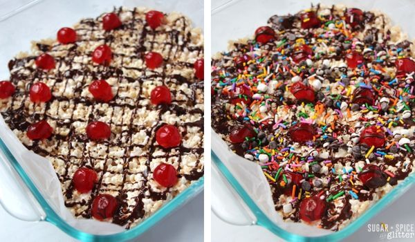 adding sundae toppings to a pan of rice krispie treats