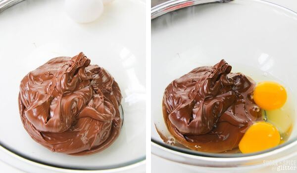 2 photo collage of nutella in a bowl, and eggs added.