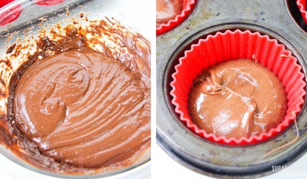 2 photo collage of brownie batter in bowl, and scooped into muffin pan.