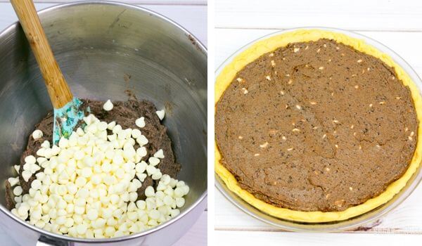 2 photo collage showing stirring white chocolate chips into pie filling and the filling in a pie crust.