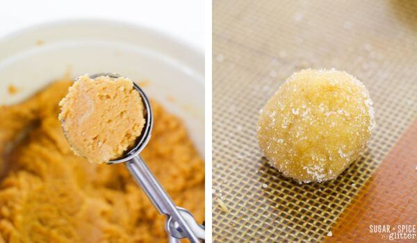 2 photo collage showing how to scoop peanut butter cookie dough and roll in sugar