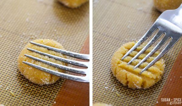 2 photo collage showing how to use a fork to make lines on a peanut butter cookie