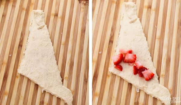 two photo collage showing triangles of crescent dough with berries on one
