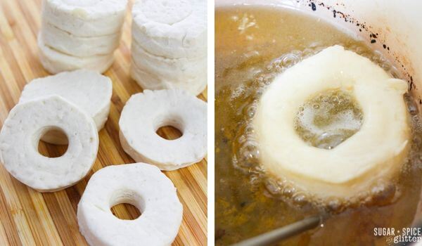 frying biscuit dough donuts.
