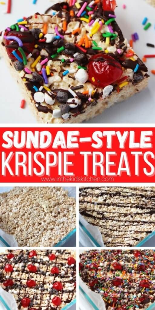 Pinterest style vertical collage showing sundae rice krispie treat squares