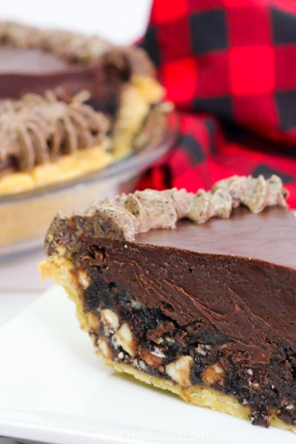 close up on a slice of Oreo fudge pie to show detail.