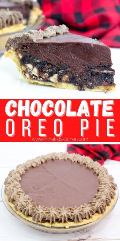 2 photo collage of slice of fudge pie and a whole pie, with text overlay "Chocolate Oreo Pie".
