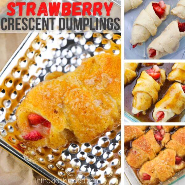 collage image of strawberry crescent dumplings, with in-process photos